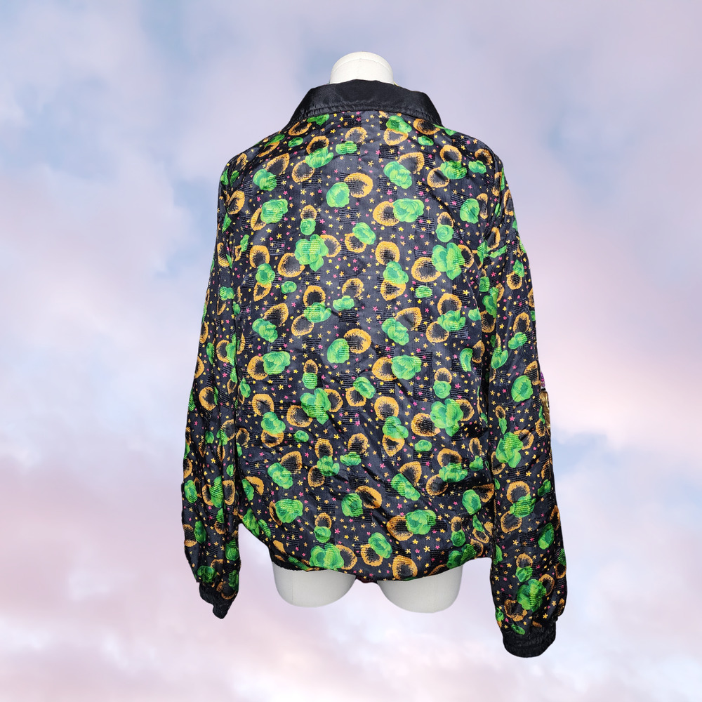 Vtg 80s Miramax Colorful Zip Up Windbreaker Floral Black Green Yellow Stars L - Picture 5 of 8